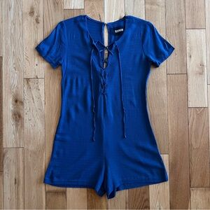 Reformation Womens Blue Romper Short Sleeve Lace Up Front Lightweight Size Small